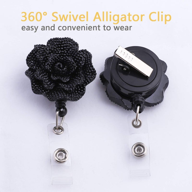 Soleebee 24'' Retractable Badge Reel, Glitter Rose Nurse ID Badge Holder Reel with 360Â° Swivel Alligator Clip - Black - Image 2